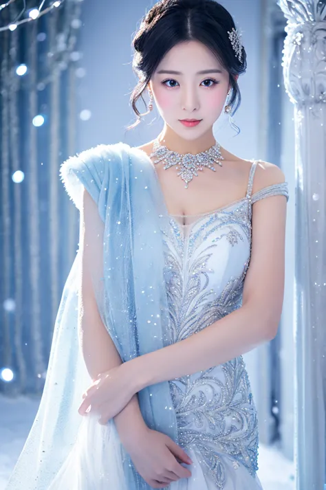 high quality, ultra-realistic photo of the snow princess in the most luxurious palace made of exquisitely sparkling, transparent...