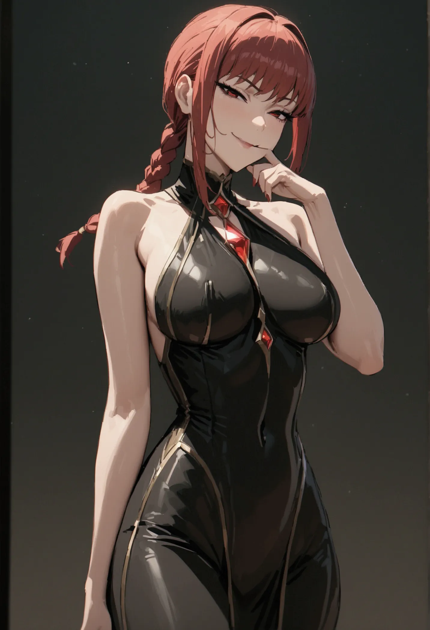 tall woman, perfect body, red hair, braided ponytail, seductive smile,evil smile, medium breast, masterpiece, best quality,  han...