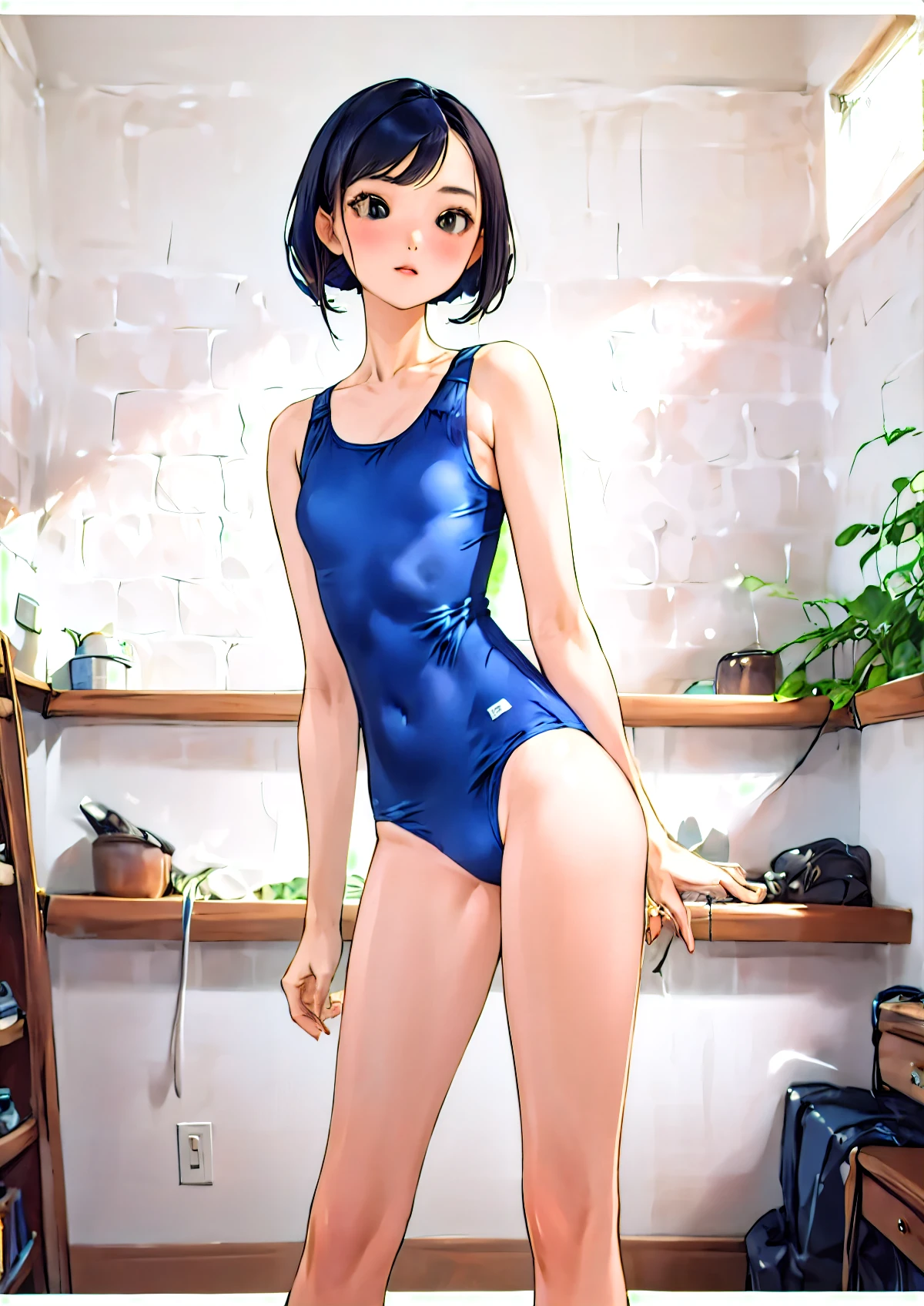 One girl, High resolution, masterpiece, Navy blue school swimsuit