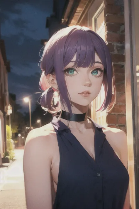 (highest quality)、(highest quality)、cut、chainsaw man、cute、(choker).eyes are emerald、her hair is purple、short bob、beautiful night...