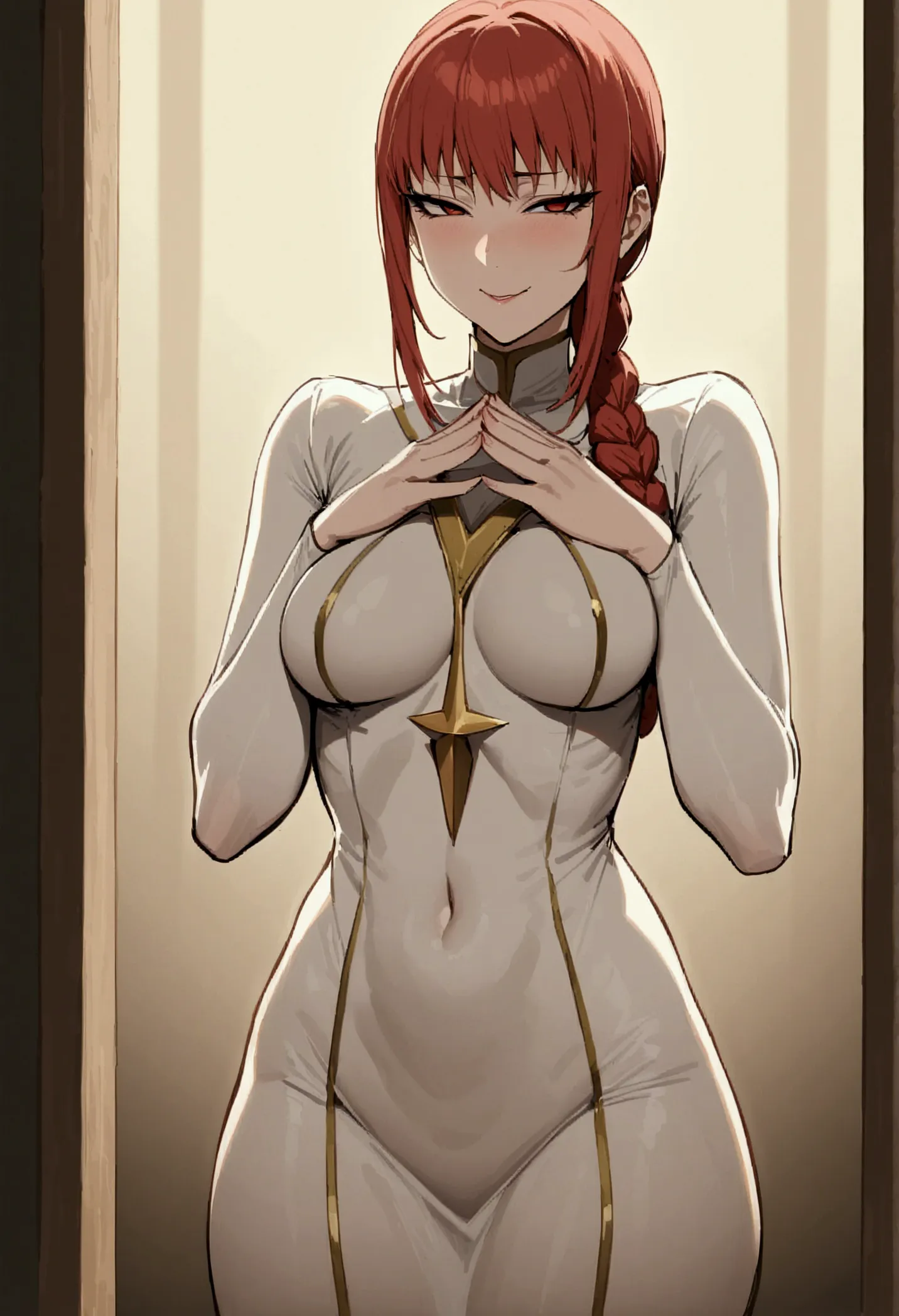 tall woman, perfect body, red hair, braided ponytail, seductive smile,evil smile, medium breast, masterpiece, best quality,  han...