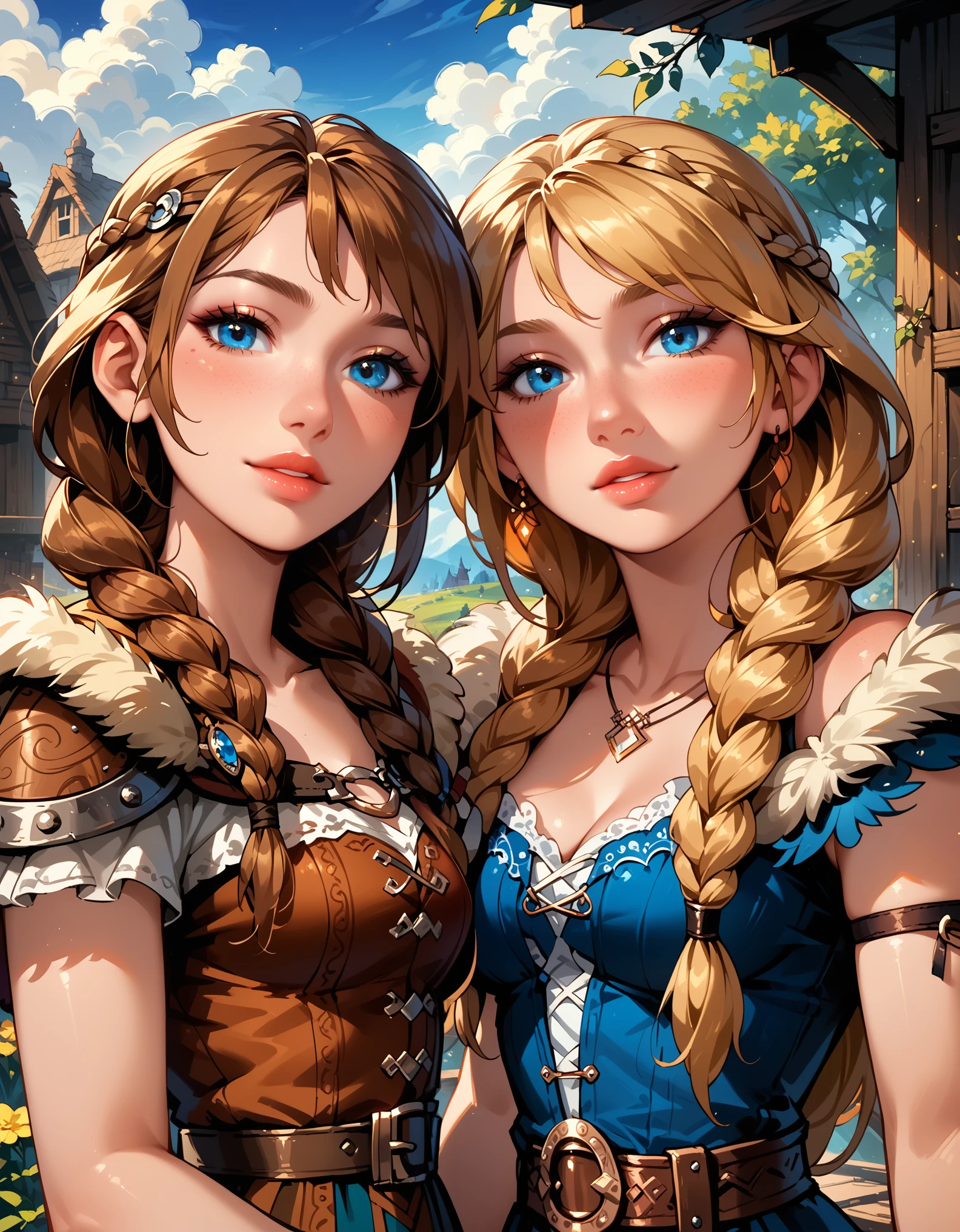 Dark Fantasy Art of score_9, score_8_up, score_7_up, rating_questionable, fantasy, lighting, epiCPhoto, 2girls, duo, couple, yuri, very sexy (ASTRIDHOFFERSON, blonde hair, braid, Long hair, blue eyes:1.2), and (Anna, brown hair, braided pigtails:1.3), flirt, gaze, sexy look, half-closed eyes, head tilt, filled lips, thick lips, makeup, face portrait, modelling shoot, sexy pose, Viking village setting, dark, moody, dark fantasy style, (midnight, moonless night:1.1).