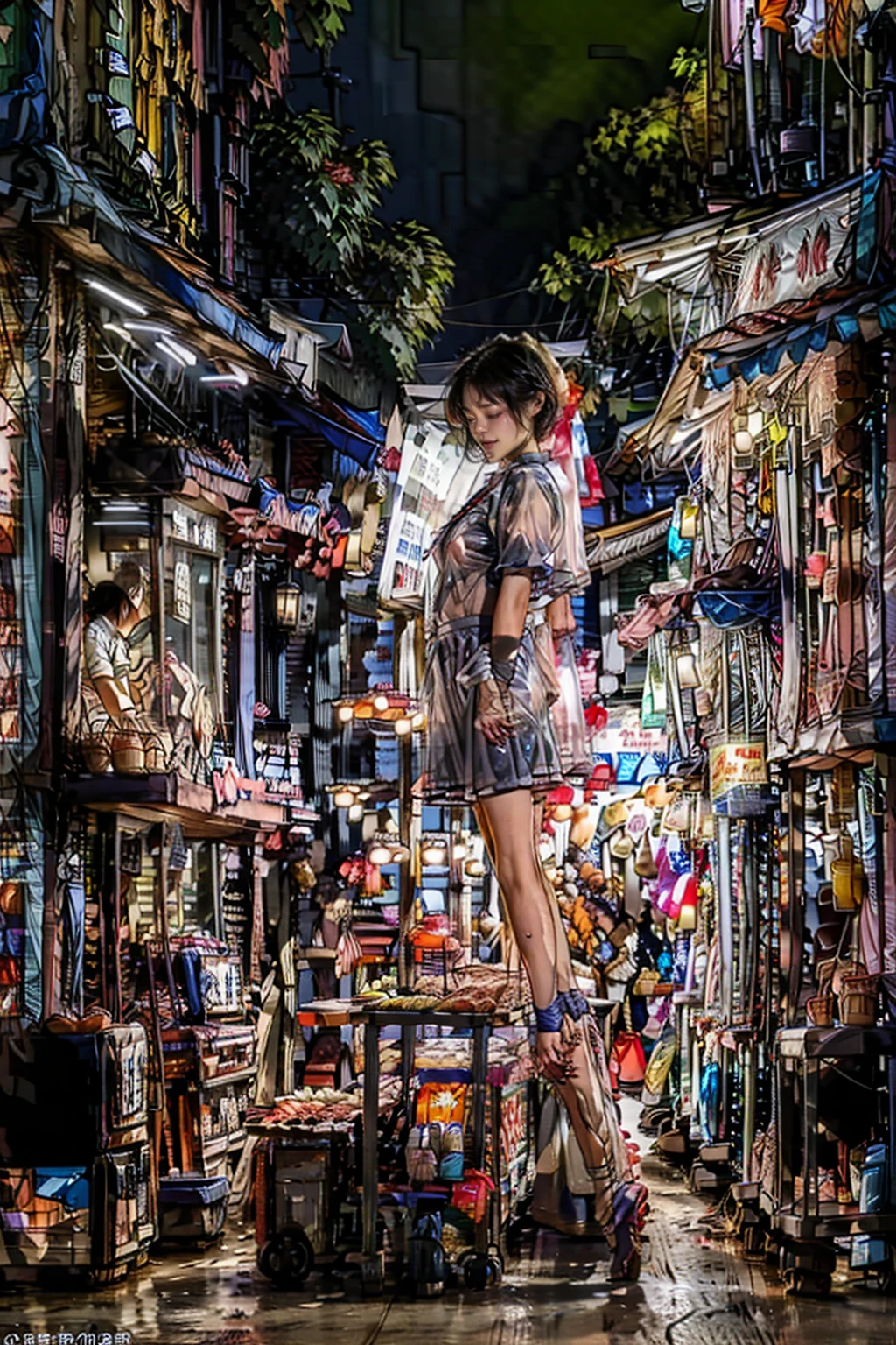 8k, top-quality, masterpiece illustrations-realistic art. wide-angle camera, Sharp Focus. The art of Shibari, solo, 1girl,The character is Cherprang BNK48, Characterize by alluring, and seductive emotions, with realistic skin textures. She has pale skin and a slender physique, slender leg, flat breasts, short bob hair. She is wearing geek glasses, dressed in a translucent plastic rain coat, raincoat draped over her body, where the sheer fabric subtly reveals, bare breasts, her nipples, Large areolas nipples, her bushy pubic hair. Hard rain, water droplets on the skin, rain drips all over body, wet body. (((Highlighting the Shibari))). She is intricately bound with delicate gold chains, tied wrists, tape gag, (Horny expression closed eyes: 1.4), (tape gag: 1.5), ((arms tied behind back:1.3)), She was molested by a middle-aged man, Many old men surrounded her, She was bound and laid out on a fish stall, placed alongside rows of tuna. Several elderly fishermen crowded around, competing to claim her, with her legs slightly open,You can see her pubic hair. (Setting At night, with hard rain, dark cloudy sky, Tsukiji Fish Market is alive with fish stalls and vendors in filleting uniforms, busily preparing fresh seafood under the glow of small lamps with pink and blue neon, vivid and sharp, vibrant and contrasting.)
