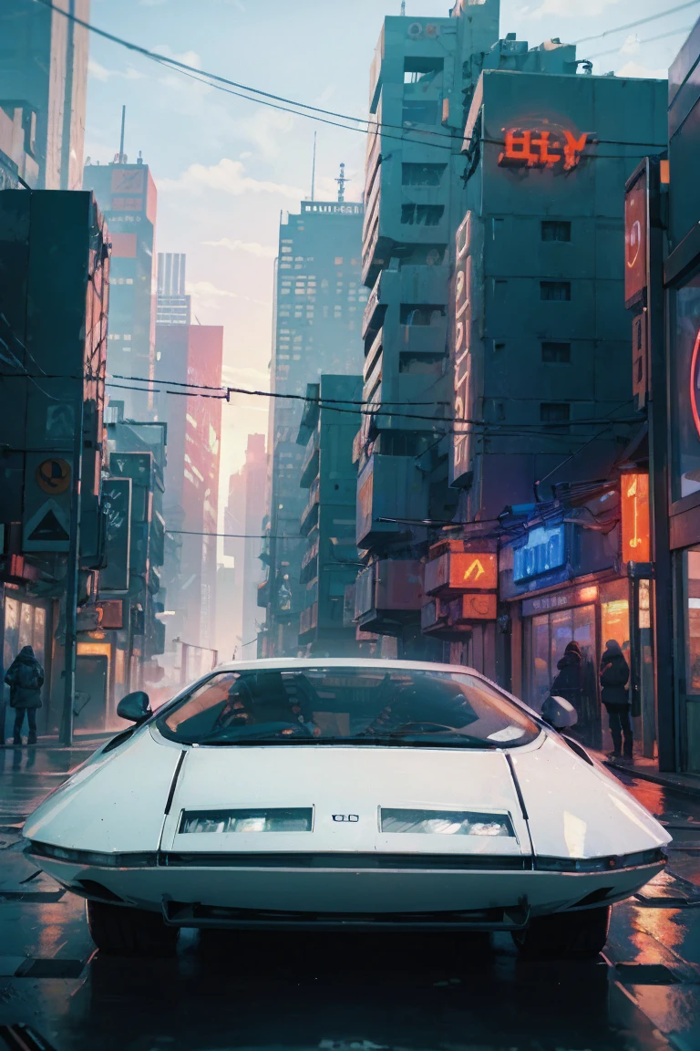 ((Cyberpunk future)), image of the center of a cyberpunk city, surrounded by buildings with a river in the middle, ferry in the city, yellow ferry, point crossing the city, advertising signs everywhere, retro future，audi A5 car