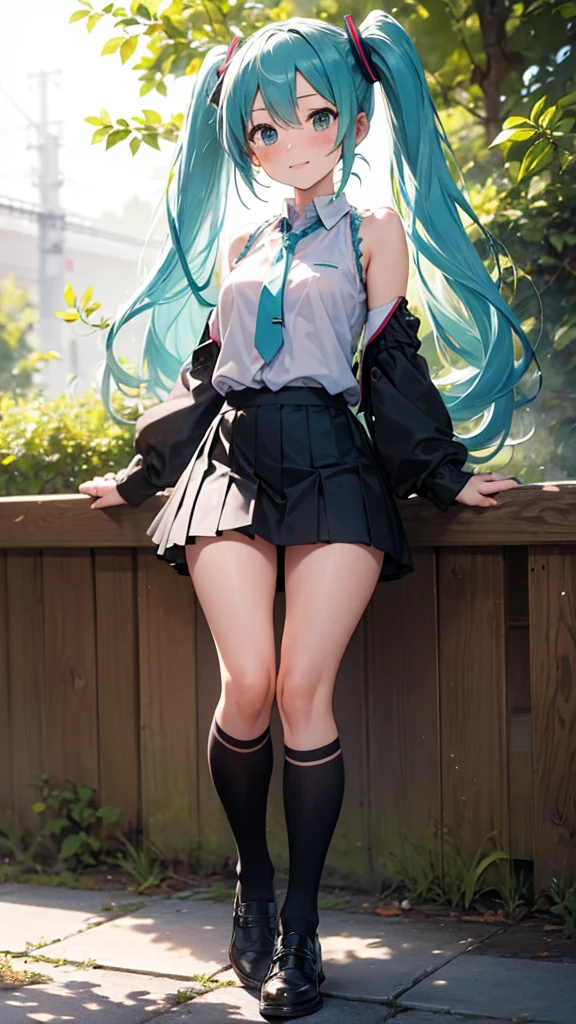 Highest quality,Hatsune Miku,Aqua Hair, Aqua Eye, Long Hair, Twin tails, Gradient Hair, Exposing shoulders,Black Skirt,Removable sleeves,Small breasts,Grey Shirt,Long sleeve,mini skirt,Pleated skirt, Knee socks, Happy,Outdoor, （Nipple show）,Erotic painting,（nsfw:1.5）,Knee Up,Titty fuck,Open the clothes