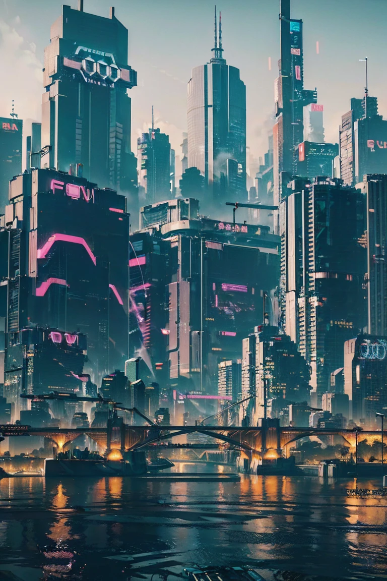 ((Cyberpunk future)), image of the center of a cyberpunk city, surrounded by buildings with a river in the middle, ferry in the city, yellow ferry, point crossing the city, advertising signs everywhere, retro future，audi A5 car