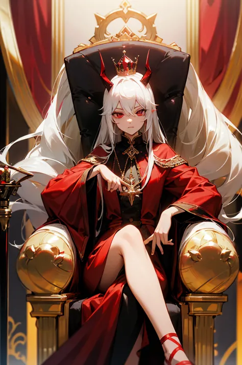 he wears a red crown and devil horns on his head., she ruled the demon world for a long time., straight hair.white hair, sitting...