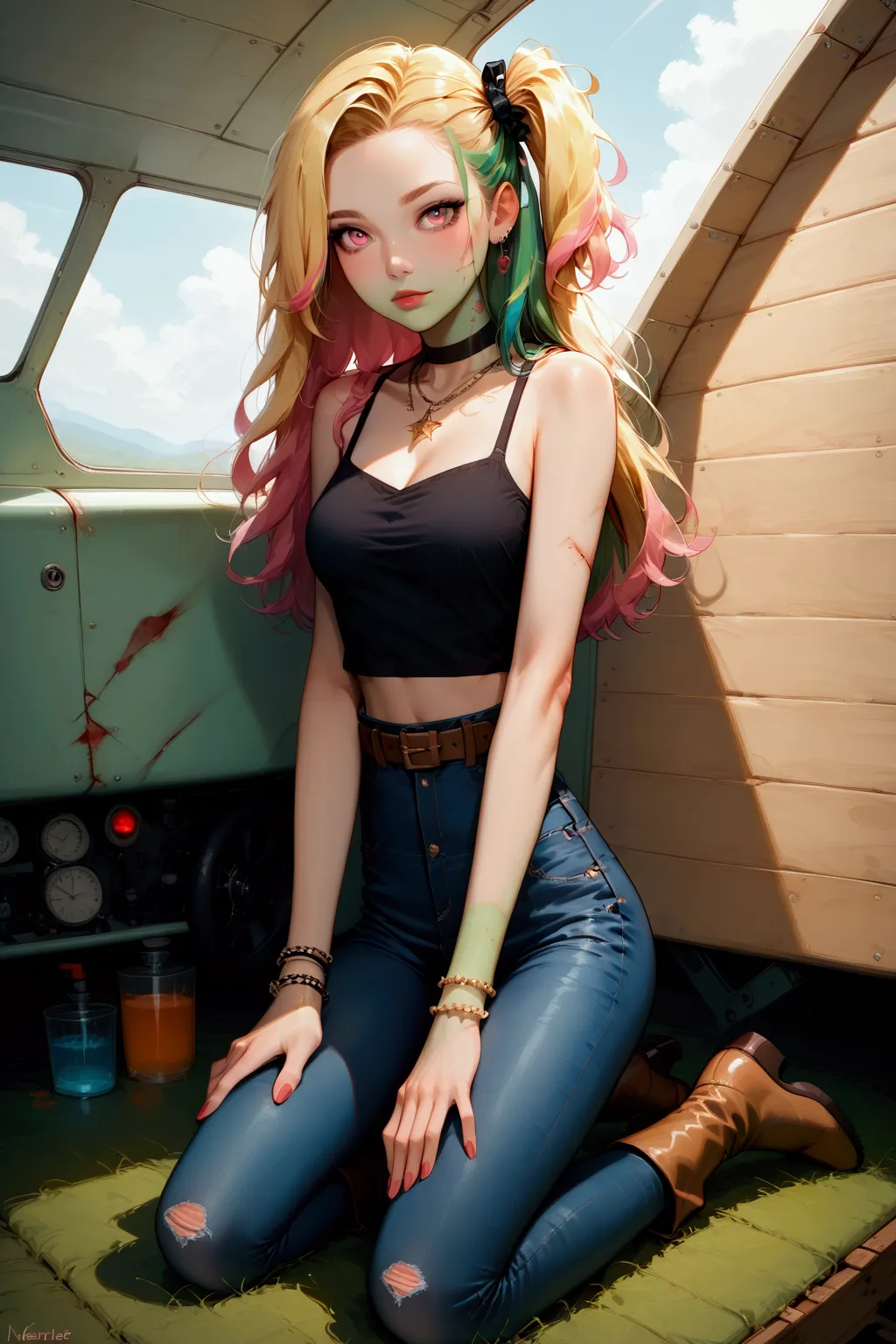 zombie young woman is kneeling on ground in plane cabin, she has light mint-green skin, dark brown long hair (+forehead, one sid...