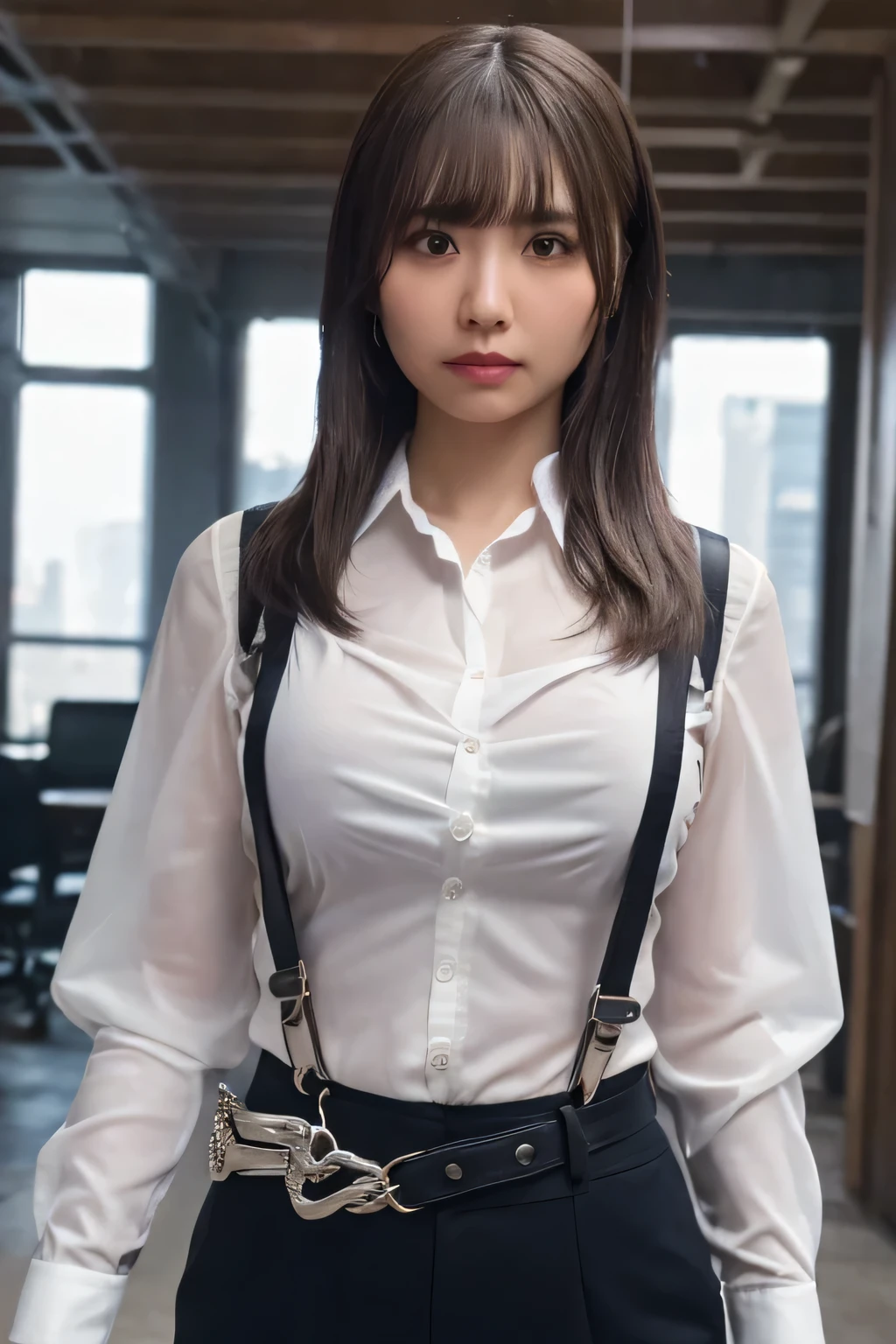 a woman in a suit, belt, hands behind back, sweating, suspenders, black pants, sexly, large breasts, see-through clothing, rain, detective, office worker, white button-up shirt, (best quality,4K,8k,highres,masterpiece:1.2),ultra-detailed,(realistic,photorealistic,photo-realistic:1.37),hyper-detailed,highly detailed face and body, Slender　thin　suspenders　Moderate breasts　See-through shirt　Nipples　holster　chain　Pistol　Armament　criminal　Female criminal　knife 　 Hands Behind Back　Constraints　handcuffs　Cable ties　Cable ties on thumbs Big breasts　Nipples　See-through clothes, hands above head　Pose of surrender
