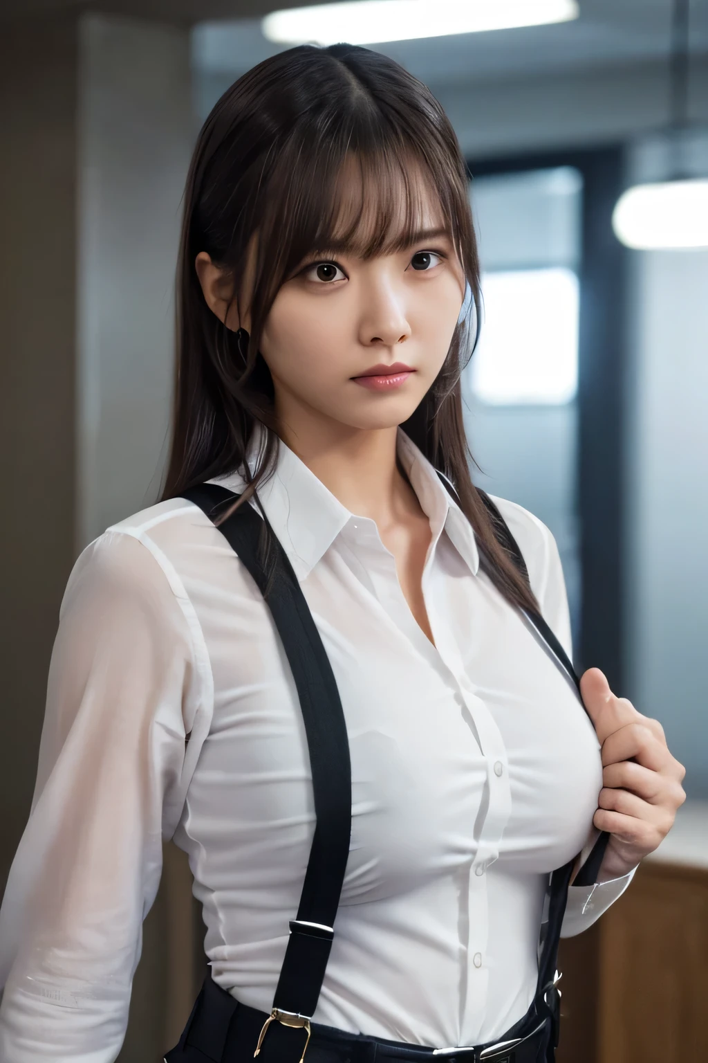 a woman in a suit, belt, hands behind back, sweating, suspenders, black pants, sexly, large breasts, see-through clothing, rain, detective, office worker, white button-up shirt, (best quality,4K,8k,highres,masterpiece:1.2),ultra-detailed,(realistic,photorealistic,photo-realistic:1.37),hyper-detailed,highly detailed face and body, Slender　thin　suspenders　Moderate breasts　See-through shirt　Nipples　holster　chain　Pistol　Armament　criminal　Female criminal　knife 　 Hands Behind Back　Constraints　handcuffs　Cable ties　Cable ties on thumbs Big breasts　Nipples　See-through clothes, hands above head　Pose of surrender
