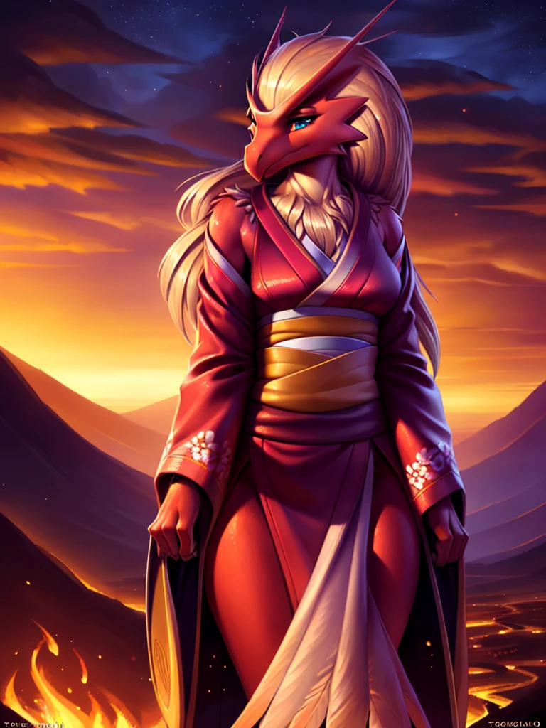 uploaded on e621, ((Blaziken)) by Pixelsketcher, by Bayard Wu, by Thomas Benjamin Kennington , by Einshelm, anthro, ((portrait, face focus, close-up)), BREAK, ((kimono:1.2)), wearing a kimono, long flowing kimono, red kimono, fire design on kimono, full body kimono)), (detailed Bonifasko lighting), (detailed feathers), (detailed fur), (female Blaziken), BREAK, ((long flowing hair)), ((facing viewer)), (cinematic lighting), ((detailed background)), ((upper body portrait view)), (((portrair view))), (half body shadow), [backlighting], [crepuscular ray], [detailed ambient light], [gray natural lighting], [ambient light on the belly], (higher wildlife feral detail), [sharp focus], (shaded), ((masterpiece), medium breasts, furry Blaziken, bird face, furry Fantasy Art, furry Art, Commission for High Res, anthro Art, POV furry Art,Sakimichan beautiful, masterpiece, best quality, detailed image, bright colors, detailed face, perfect lighting, perfect shadows, perfect eyes, girl focus, blue eyes, flawless face, face focus, long flowing kimono, bird girl, feathers, feathers woman, large long muzzle, colorful feathers, gaze at the viewer, half-closed eyes, 1girl, full body, (masterpiece:1.21), (best quality:1.2), (illustration:1.2), (cinematic lighting:1.3), detailed fur, balanced coloring, global illumination, ray tracing, good lighting, feathers, anthro, looking at viewer, (standing outside, in volcano, fire and snoke, woman looking at viewer, woman looking at camera, fire in open hands, in a fighting pose, wearing red kimono, close-up photo