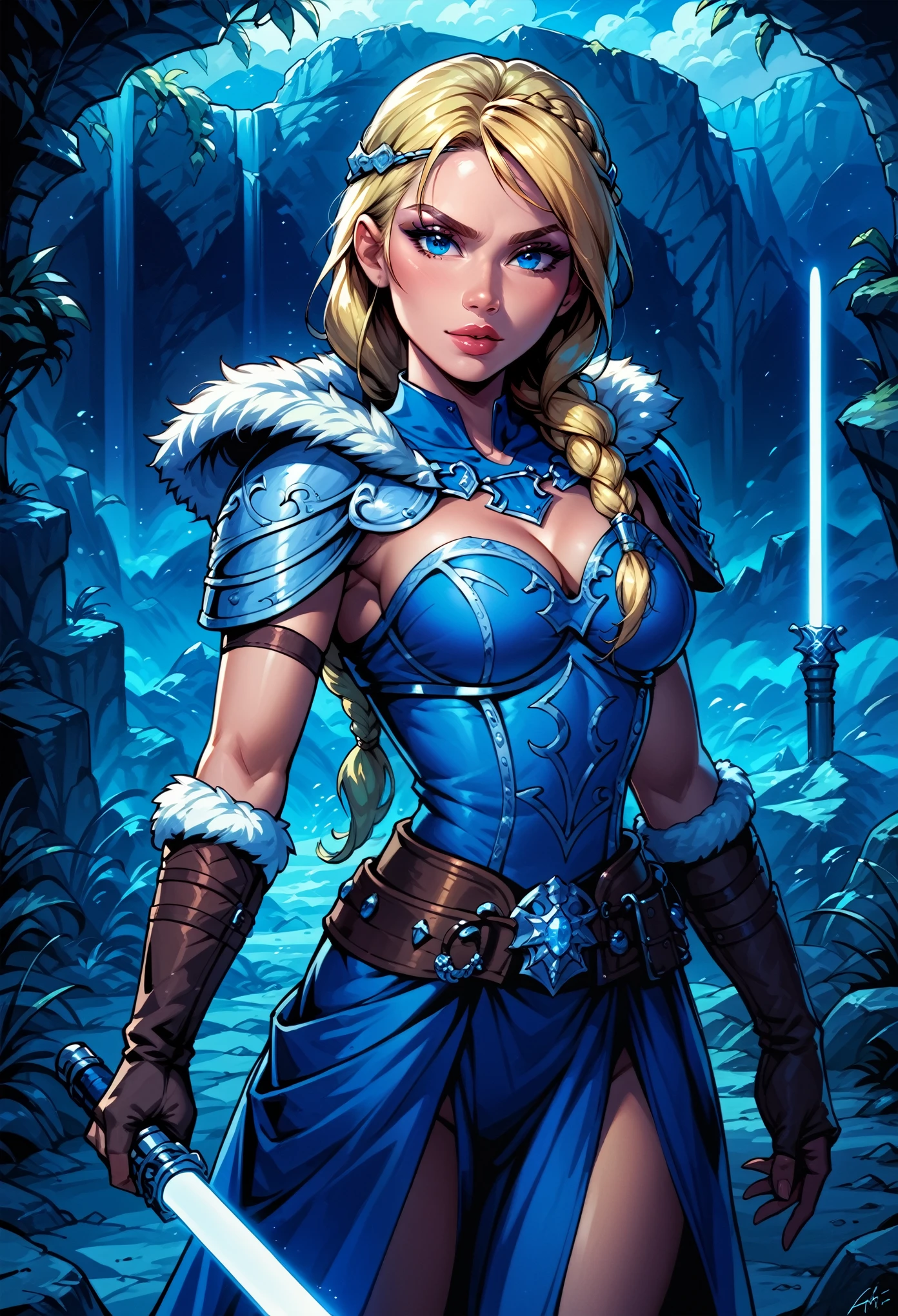 Dark Fantasy Art of score_9, score_8_up, score_7_up, rating_questionable, fantasy, lighting, epiCPhoto 1girl, solo, very sexy smuggler jedi (ASTRIDHOFFERSON, blonde hair, braid, Long hair, blue eyes, fur trim, shoulder armor, armor, pauldron:1.2), cleavage, thigh,  flirt, gaze, sexy look, half-closed eyes, head tilt, filled lips, thick lips, makeup, confident look, holding blue zzLightSaber, attack stance, modelling shoot, sexy pose, rocky shore setting, dark, moody, dark fantasy style, (midnight, moonless night:1.1), cowboy shot.