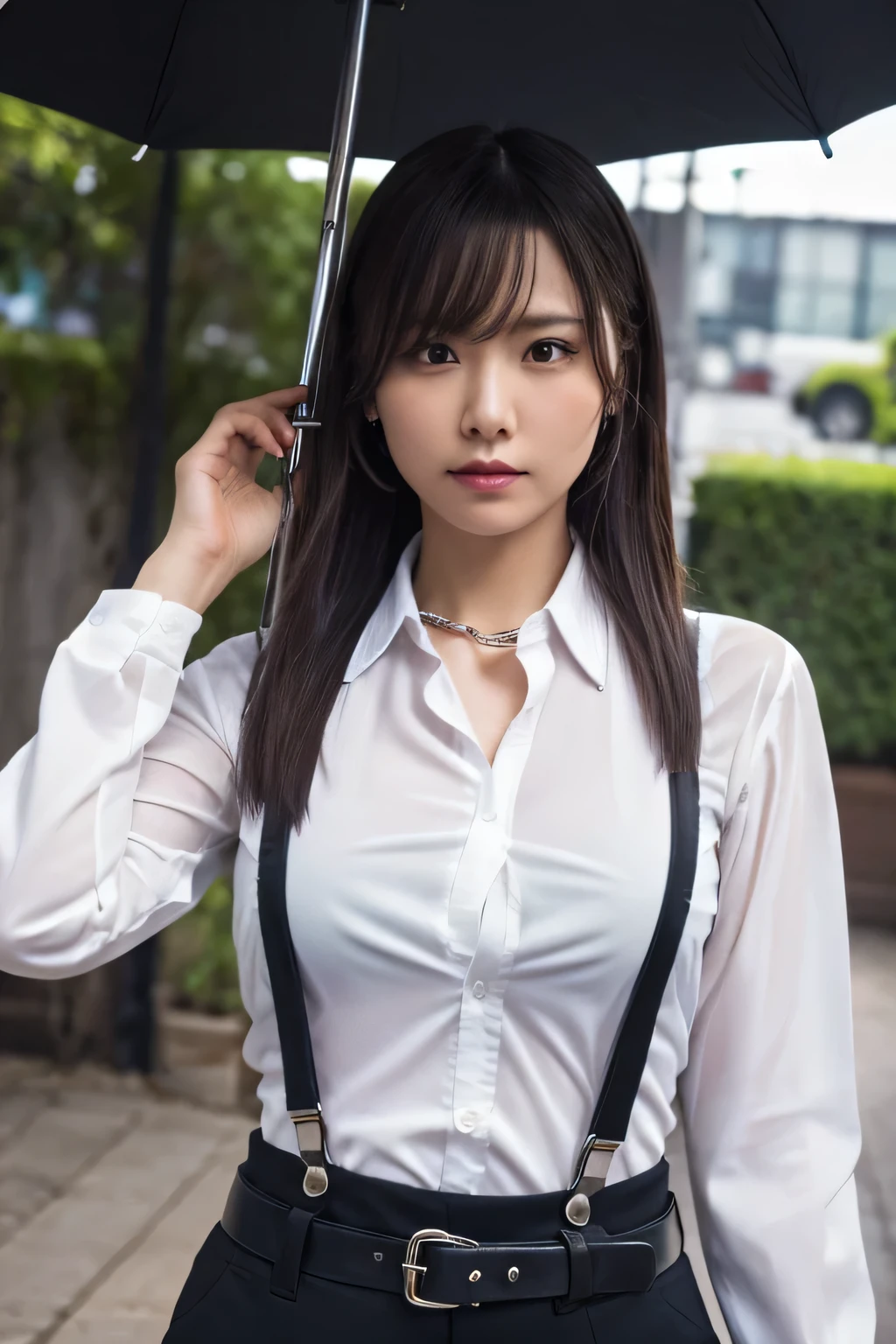 a woman in a suit, belt, hands behind back, sweating, suspenders, black pants, sexly, large breasts, see-through clothing, rain, detective, office worker, white button-up shirt, (best quality,4K,8k,highres,masterpiece:1.2),ultra-detailed,(realistic,photorealistic,photo-realistic:1.37),hyper-detailed,highly detailed face and body, Slender　thin　suspenders　Moderate breasts　See-through shirt　Nipples　holster　chain　Pistol　Armament　criminal　Female criminal　knife 　 Hands Behind Back　Constraints