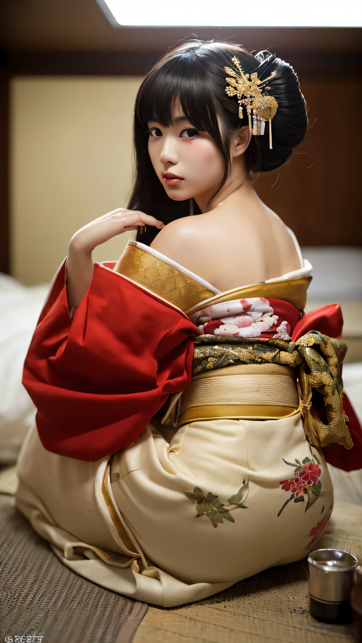 ((Realistic photo: 1.5), Young Japanese Woman: 1.3, Geisha costume: 1.2, White Face: 1.2, Prostitute: 1.1, Sitting alone: 1.3, Studio Lighting: 1.3, room decoration: 1.2, 90s Japanese Style: 1.1, highly detailed kimono: 1.3, Sharpness Level: 8k: 1.4, Shooting with a digital SLR: 1.2, Super 35 Lens: 1.1, Bokeh: 1.2, low, Very big ass