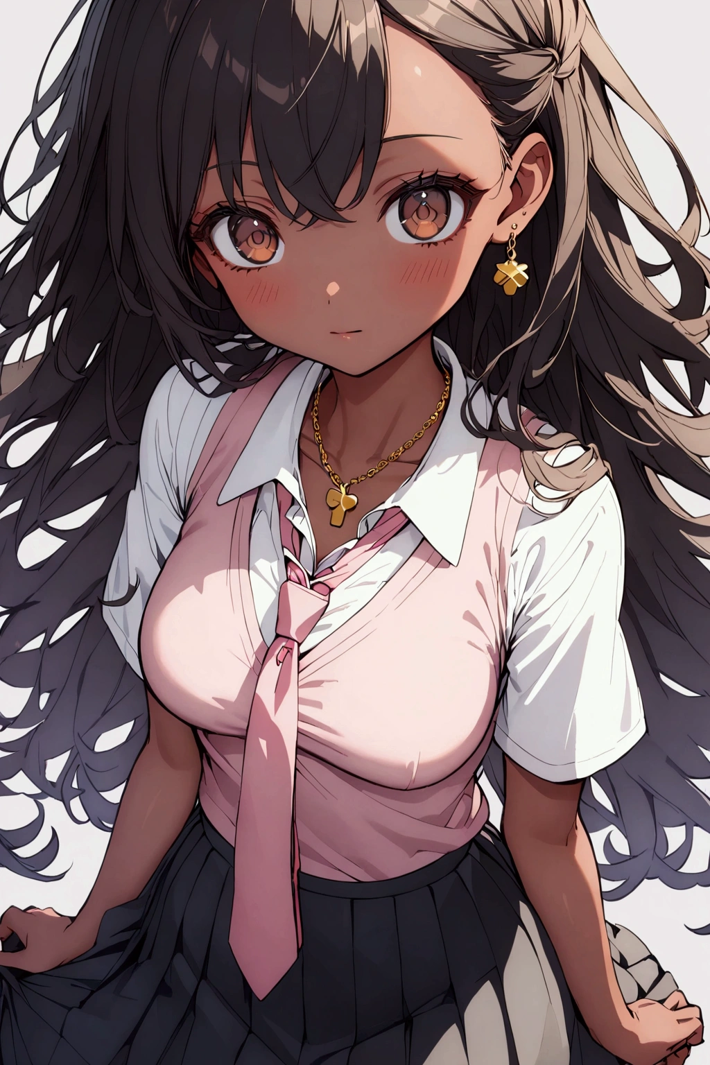 1girl, brown eyes, black hair with blue fade, blue strands in the hair, long hair, skinny waist, medium breasts, tan skin, a gold charm necklace, young girl, teenager girl, brown skin, (wearing a white shirt, a pink tie, a pink vest, and a black tight skirt),