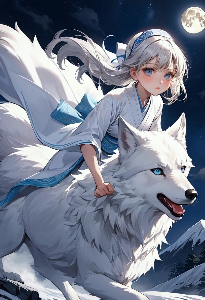 The white wolf and cute girl with shrine maiden outfit, a cute girl riding a white wolf, A fearless face, sharp eyes, forward leaning posture, dashing through the steep mountains, nimble movements, moonlit night, a scene with a sense of speed