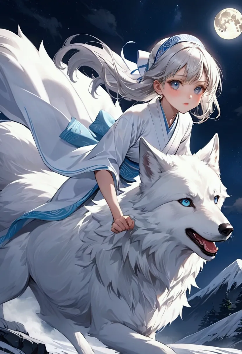 the white wolf and cute girl with shrine maiden outfit, a cute girl riding a white wolf, a fearless face, sharp eyes, forward le...