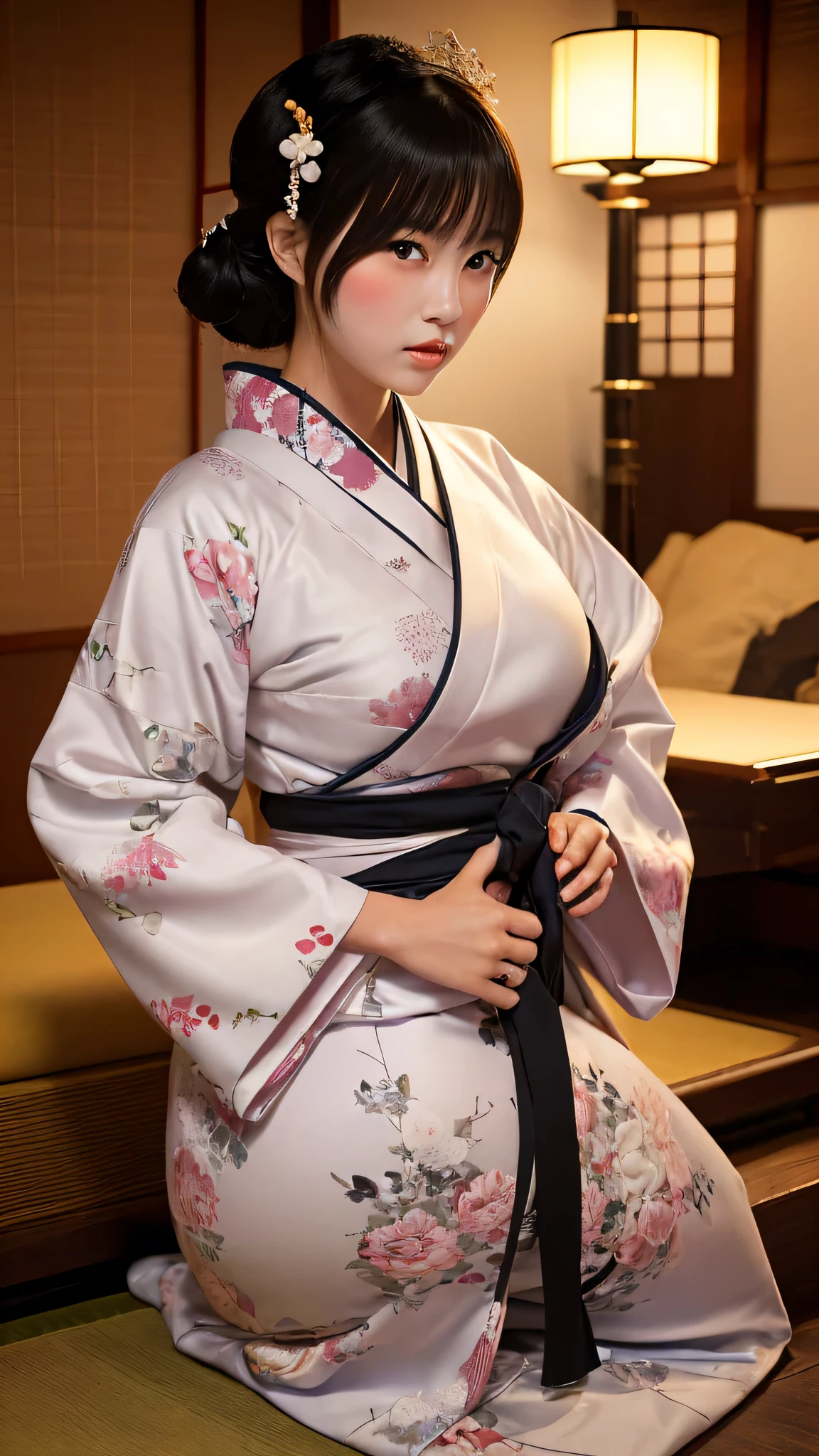 ((Realistic photo: 1.5), Young Japanese Woman: 1.3, Geisha costume: 1.2, White Face: 1.2, Prostitute: 1.1, Sitting alone: 1.3, Studio Lighting: 1.3, room decoration: 1.2, 90s Japanese Style: 1.1, highly detailed kimono: 1.3, Sharpness Level: 8k: 1.4, Shooting with a digital SLR: 1.2, Super 35 Lens: 1.1, Bokeh: 1.2, low, Very big ass､ Very large breasts, (((Extremely accurate anatomy)))