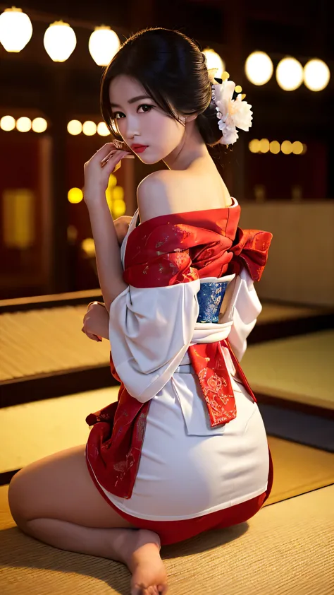 ((realistic photo: 1.5), young japanese woman: 1.3, geisha costume: 1.2, white face: 1.2, prostitute: 1.1, sitting alone: 1.3, s...