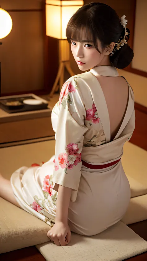 ((realistic photo: 1.5), young japanese woman: 1.3, geisha costume: 1.2, white face: 1.2, prostitute: 1.1, sitting alone: 1.3, s...