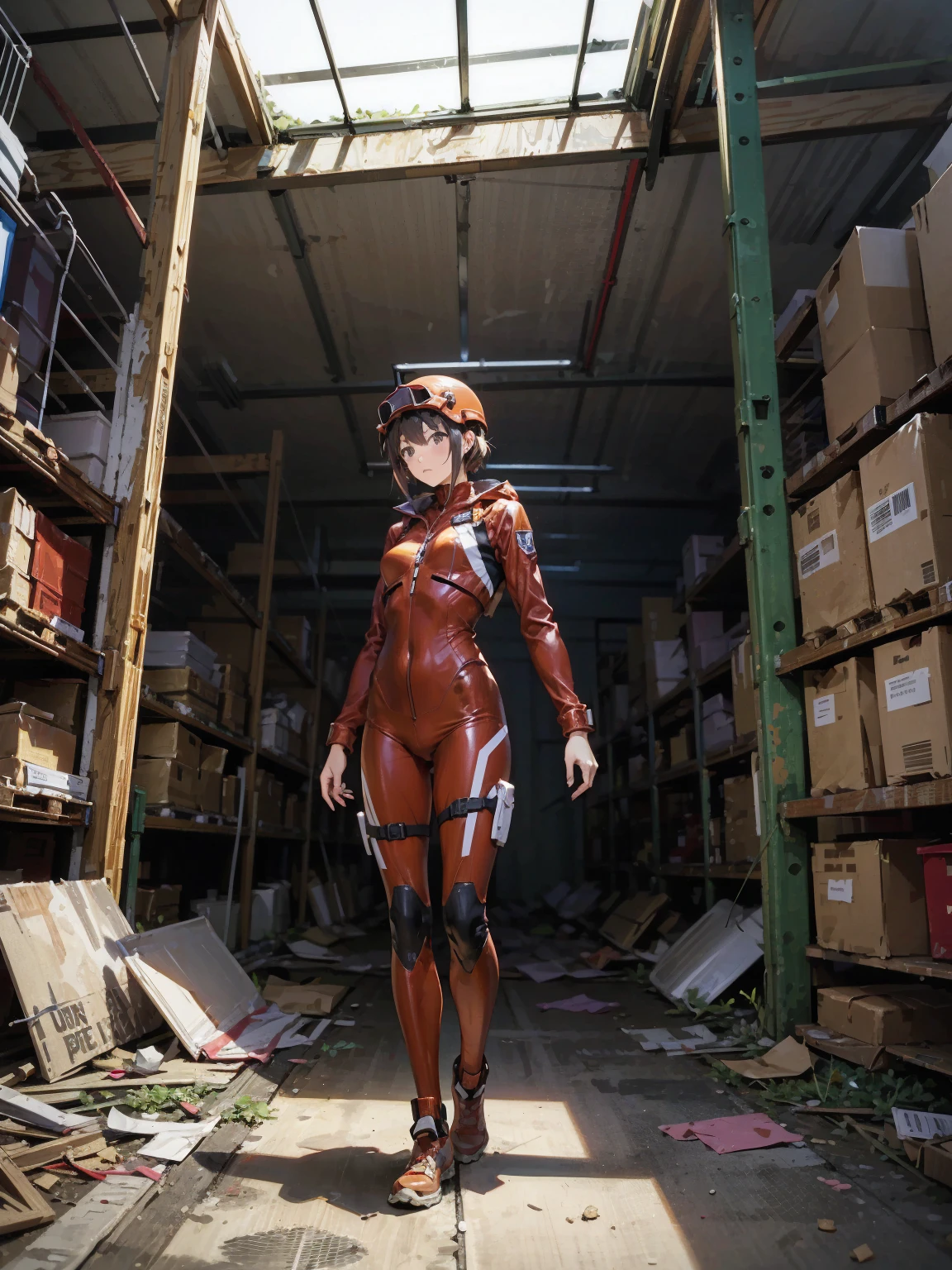 Karen Kouzuki、Highest quality, masterpiece, High resolution, alone,Red pilot suit, ((Abandoned warehouse in a future city)),