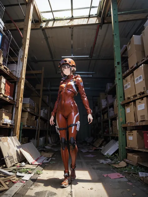 karen kouzuki、highest quality, masterpiece, high resolution, alone,red pilot suit, ((abandoned warehouse in a future city)),