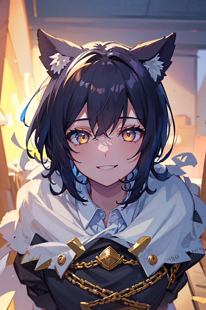 A boy with black hair and cat ears, Golden Eyes, Straight hair, short hair, Shoulder-length hair, Cute Smile, Cape, Shorts, (Highest quality, 4K, 8k, High resolution, masterpiece:1.2), Very detailed, (Solo Boy), Dramatic lighting, Very detailed, Complex fabric texture, Structure of the film, Shining Eyes, Idol Pose