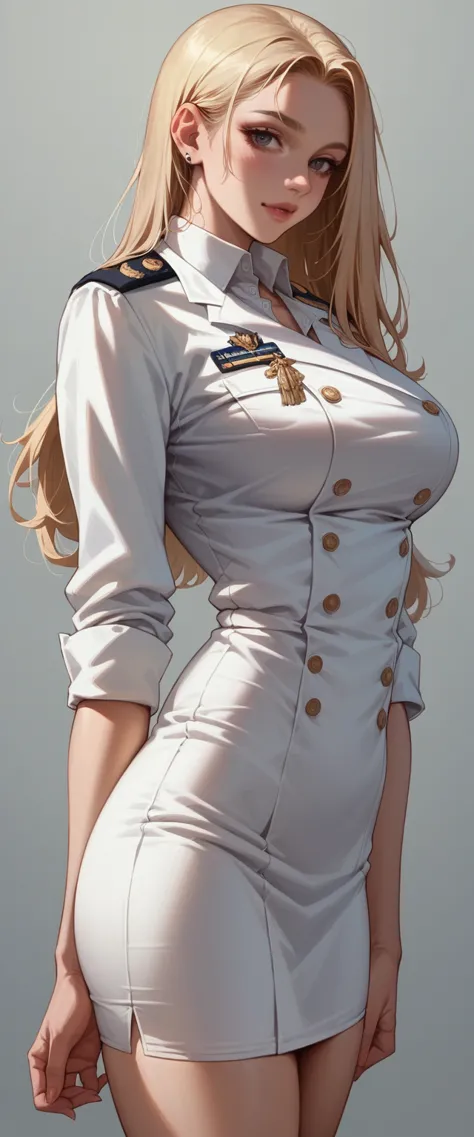 a sexy blonde girl with a voluptuous body wearing a new short naval dress uniform, it&#39;s too sexy and sensual, it has white l...