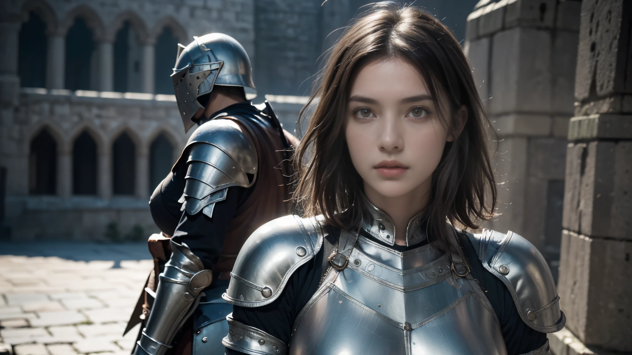 8K,best quality, masterpiece, 超high resolution, (Reality:1.4), RAW photos, (Real skin texture:1.3), (Film Grain:1.3),Realistically, high resolution, 1 girl, individual，short hair, beautiful eyes, Large Breasts, Dark Souls style, Knight Armor，Gorgeous pattern，Upper body shot，The background is the castle