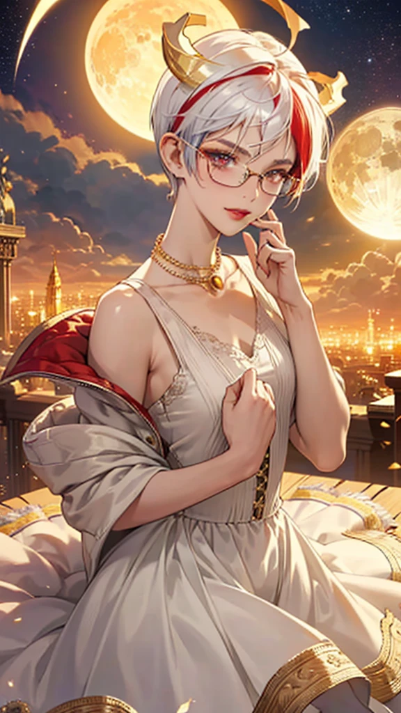 8k, masterpiece, best quality, highly detailed, 1 girl, tiefling, warlock, pixie cut, multicolored hair, very short straight hair red highlight hair on white hair, strippled hair, wearing glasses, round glasses, earrings, red eyeshadow, long eyelashes, blushed cheek, red lips, pearl necklace, rings, collarbone, mole on face, glamorous, white and gold clothes, sleeveless, laced dress, smirk, close up view, rings, looking at viewer, demon horns, solo, starry sky, radiant gold moon, standing, golden halo, white lace gloves, heavenly scene, halo, holy palace in background.