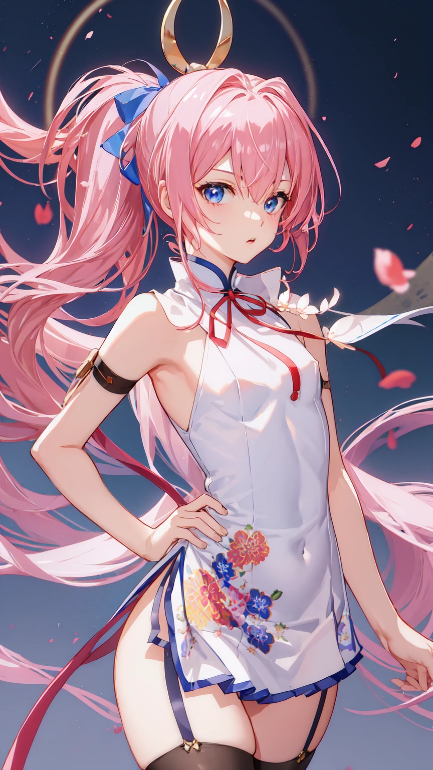 ((masterpiece)),(best quality),official art,extremely detailed CG,unity 8k wallpaper,ultra detailed,1girl,solo,cowboy shot,(portrait:1.2),neck_ribbon,red_ribbon,pink_hair,blue_eyes,,ponytail(White Qipao),zettai ryouiki thighhighs (visible nipple)small breasts.Narrow waist。Perfect proportions。Slender body。well-proportioned body。)Classic Garter Belt