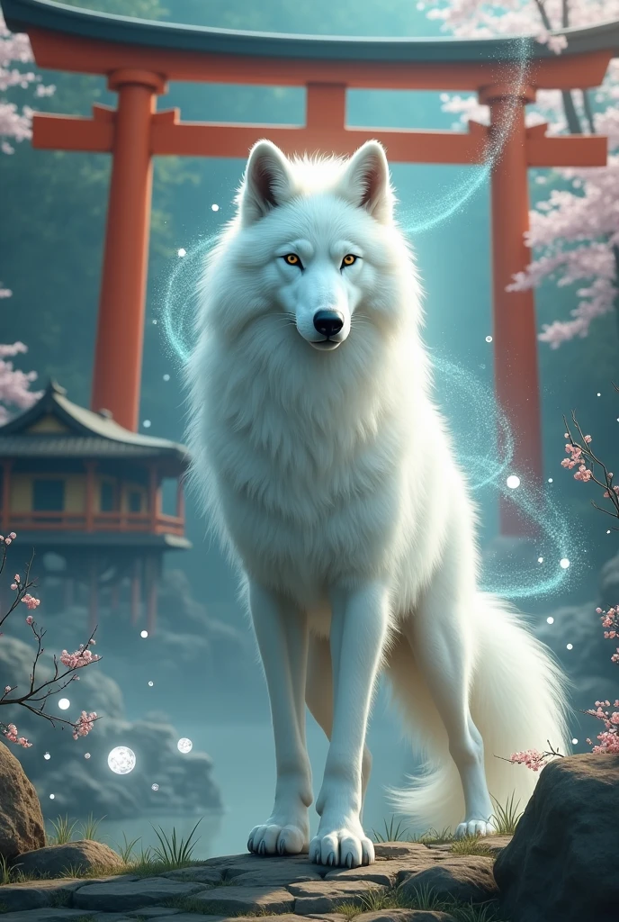 Japanese Fantasy, white spiritual Wolf, light particles, torii, Old Japanese Minka, 