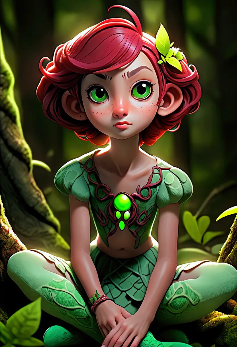 a sexy demonic beast, realistic sexy (preteen:1.6) in seducing pose, wearing only lace green stockings with pattern, in a forest...