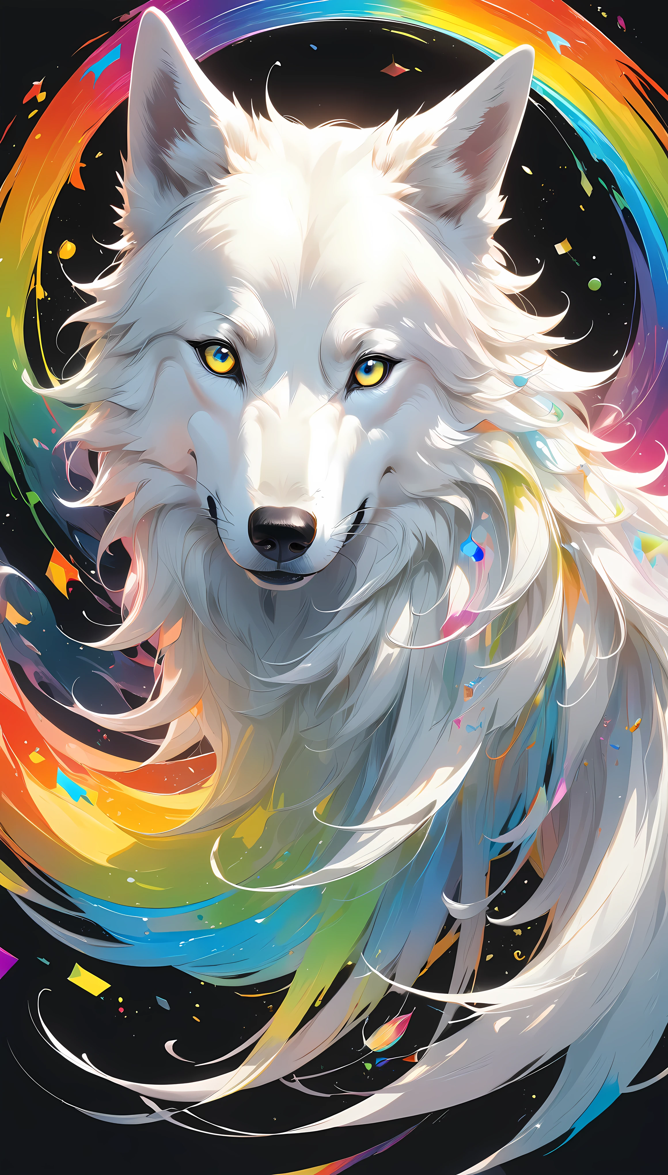  Black background, A fusion of transparent and fantastic rainbow colors, BREAK 1 White Wolf, Absurd Pure White, ARW, 