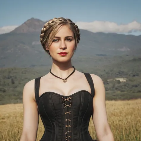 sadieadler, (wearing a corset), braided short blonde hair,  8k uhd, dslr, high quality, rdr2game-stil, sadie adler, rdr2game sty...