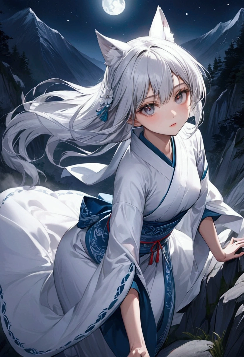 The white wolf girl with shrine maiden outfit, A fearless face, sharp eyes, forward leaning posture, dashing through the steep mountains, nimble movements, moonlit night, a scene with a sense of speed