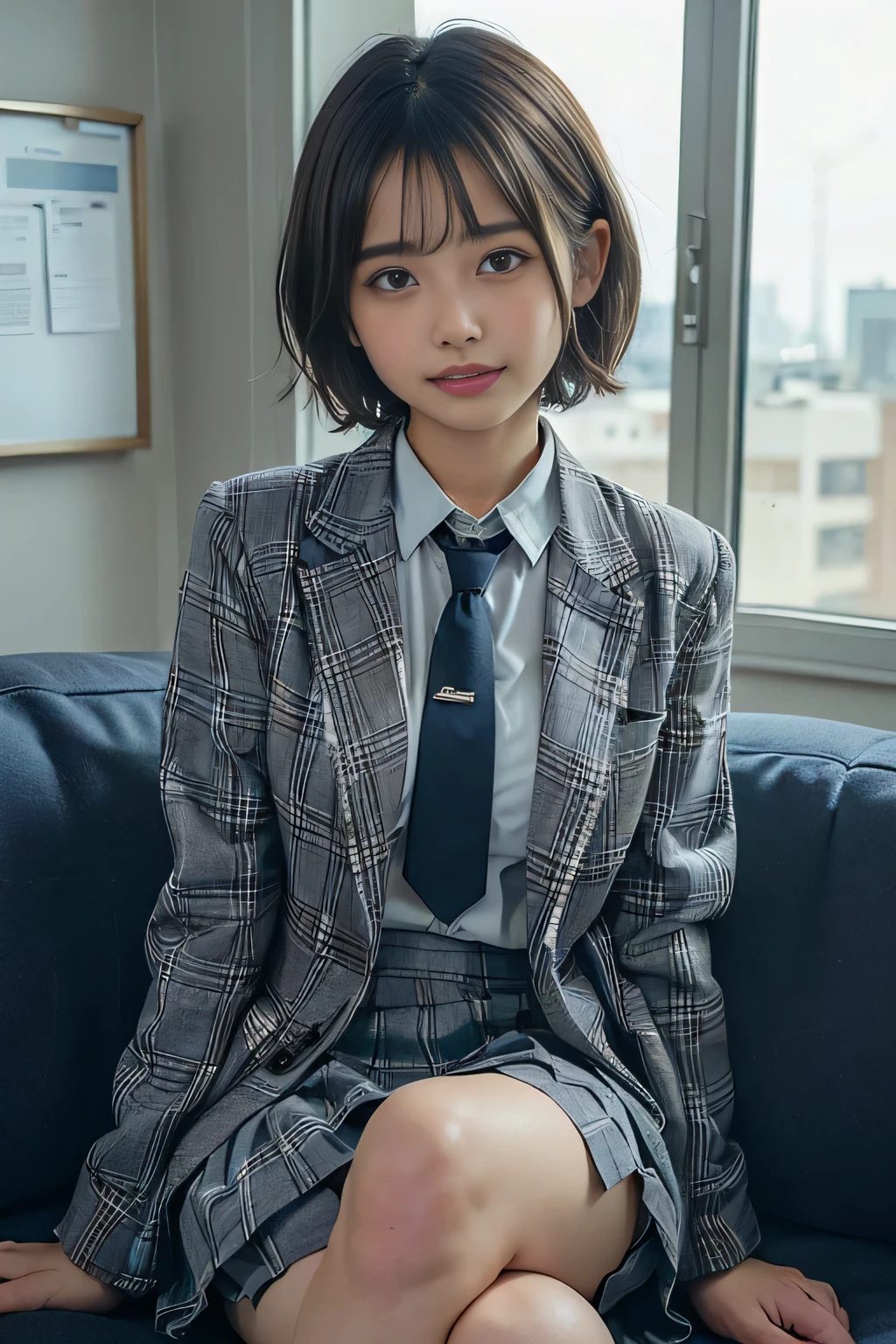 ((masterpiece:1.4))、((flying objects:1.4))、((Woman with short light brown hair:1.4))、((Cowboy Shot:1.4))、((Facial expression photo:1.4))、((She is sitting on the couch in the office。..., A grey checkered pleated skirt that accentuates the thighs.:1.7))、((Schoolgirl uniform tie:1.4))、Very sexy outfit, ((Wearing a strict dark blue blazer suit:1.4))、High school girl blazer uniform、Sexy look,((Woman with a sad expression:1.4))、((Girl with short hair:1.5))、((smile:1.4))、