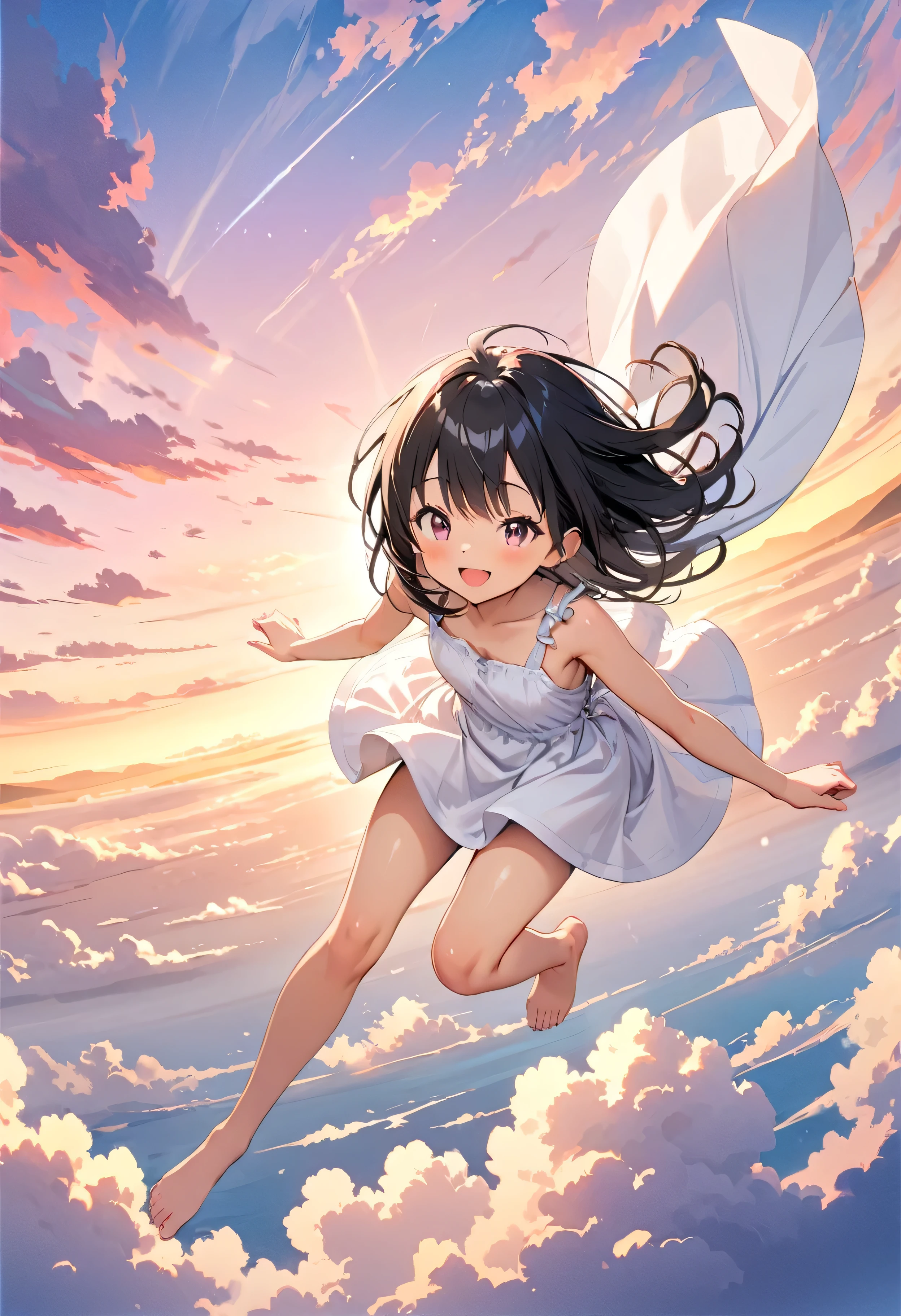 Highest quality, Very detailed, up to date, Vibrant, masterpiece, Highest quality, Best aesthetics, Floating in the sky, on the clouds, Pastel clouds, fly in the sky, Blurred Background, Above, One woman, Black Hair, face up shot, smile, big smile, Get excited, flat chested, short stature, very young, barefoot, ((White Dress)), Dynamic Angle, dynamic, Floating, Dynamic pose, The wind is blowing, Vivid light, Colorful Scenes, momentum