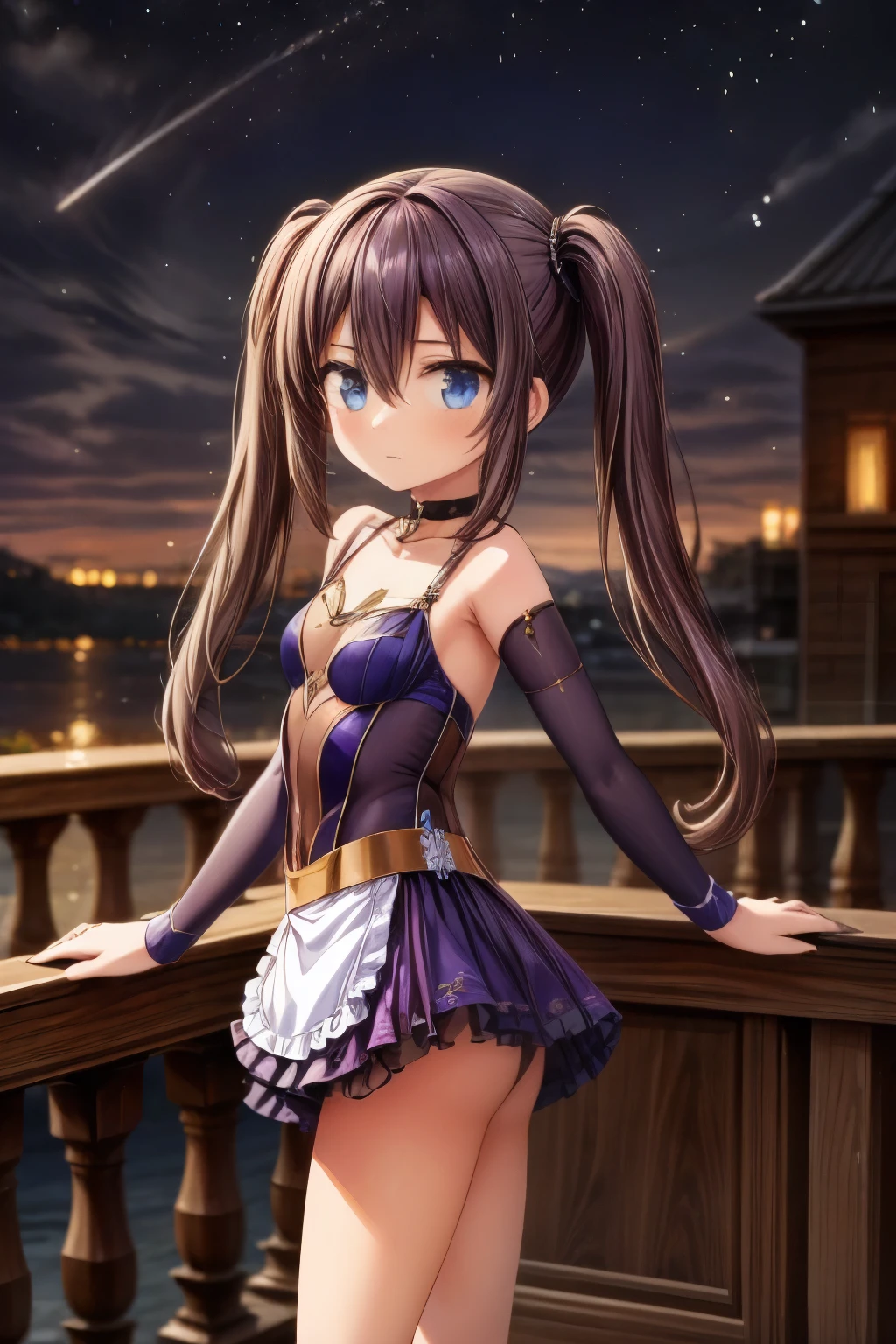 girl, located in the corner, looking at the sky, solo, Mona (Genshin Impact), choker, hair between eyes, star (symbol), long hair, dark purple hair, twintails, blue eyes, shining eyes, jewelry, witch, maid, bangs, purple black dress, purple skirt, white apron, landscape, night sky, star (sky), starry sky, night, outdoor, clouds, reflection, water, magic, tarot, water magic, ((beautiful golden crystal star)),  space, water droplets, splash