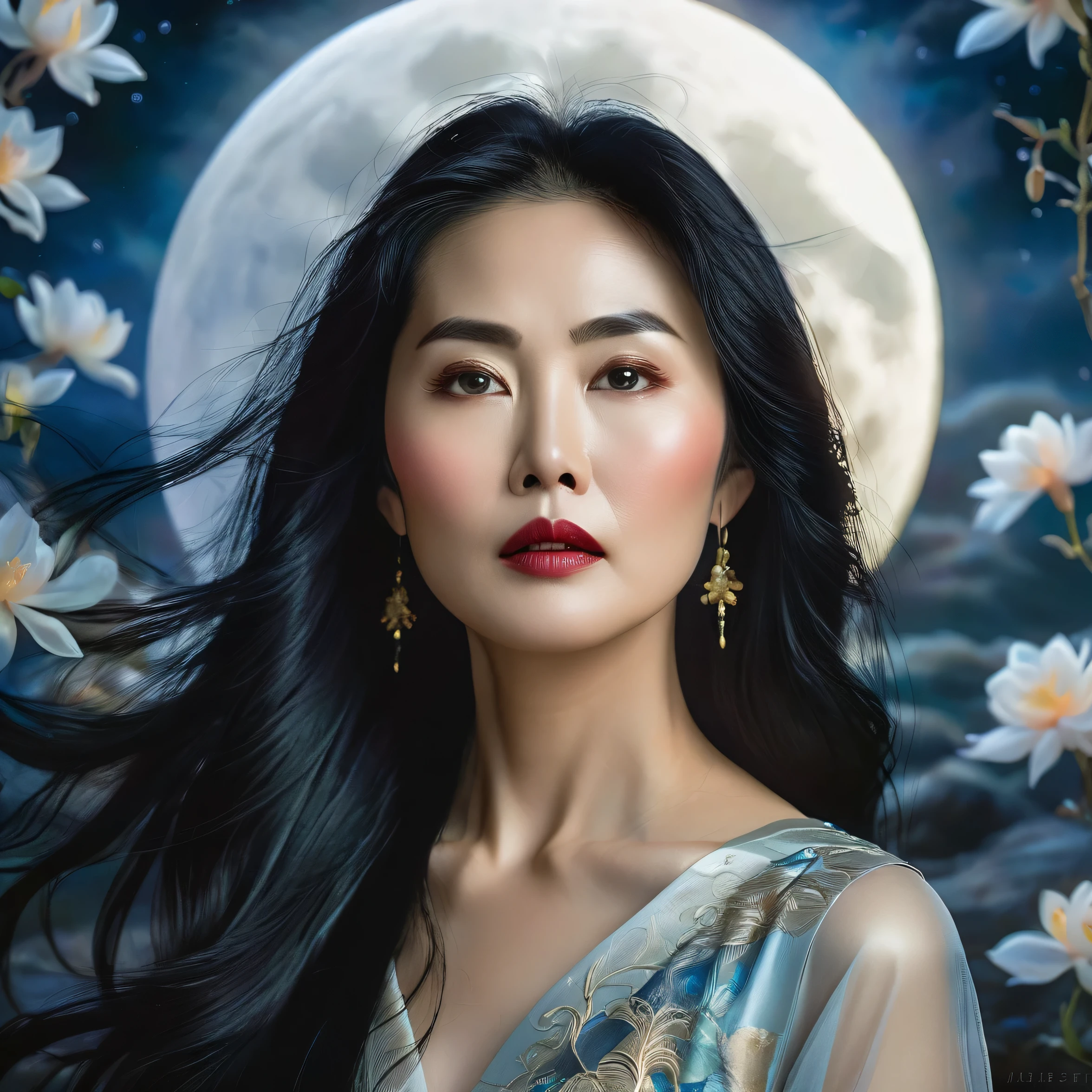 a beautiful middle-aged asian woman, long black hair, detailed face, detailed eyes, detailed lips, serene expression, moon in the background, ethereal, fantasy, oil painting, dramatic lighting, dramatic mood, vivid colors, cinematic, award-winning, masterpiece, best quality, 8k, highres