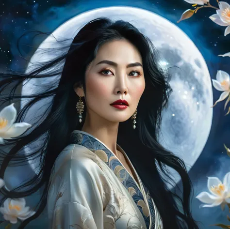 a beautiful middle-aged asian woman, long black hair, detailed face, detailed eyes, detailed lips, serene expression, moon in th...