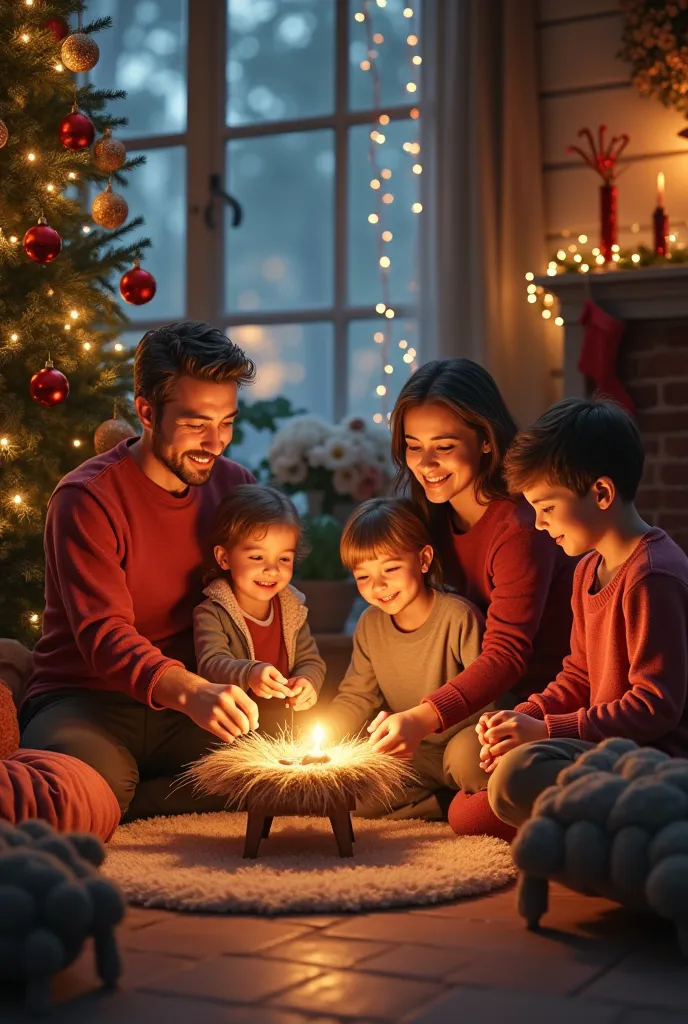 Family members decorating christmas tree and crib and house happily for christmas