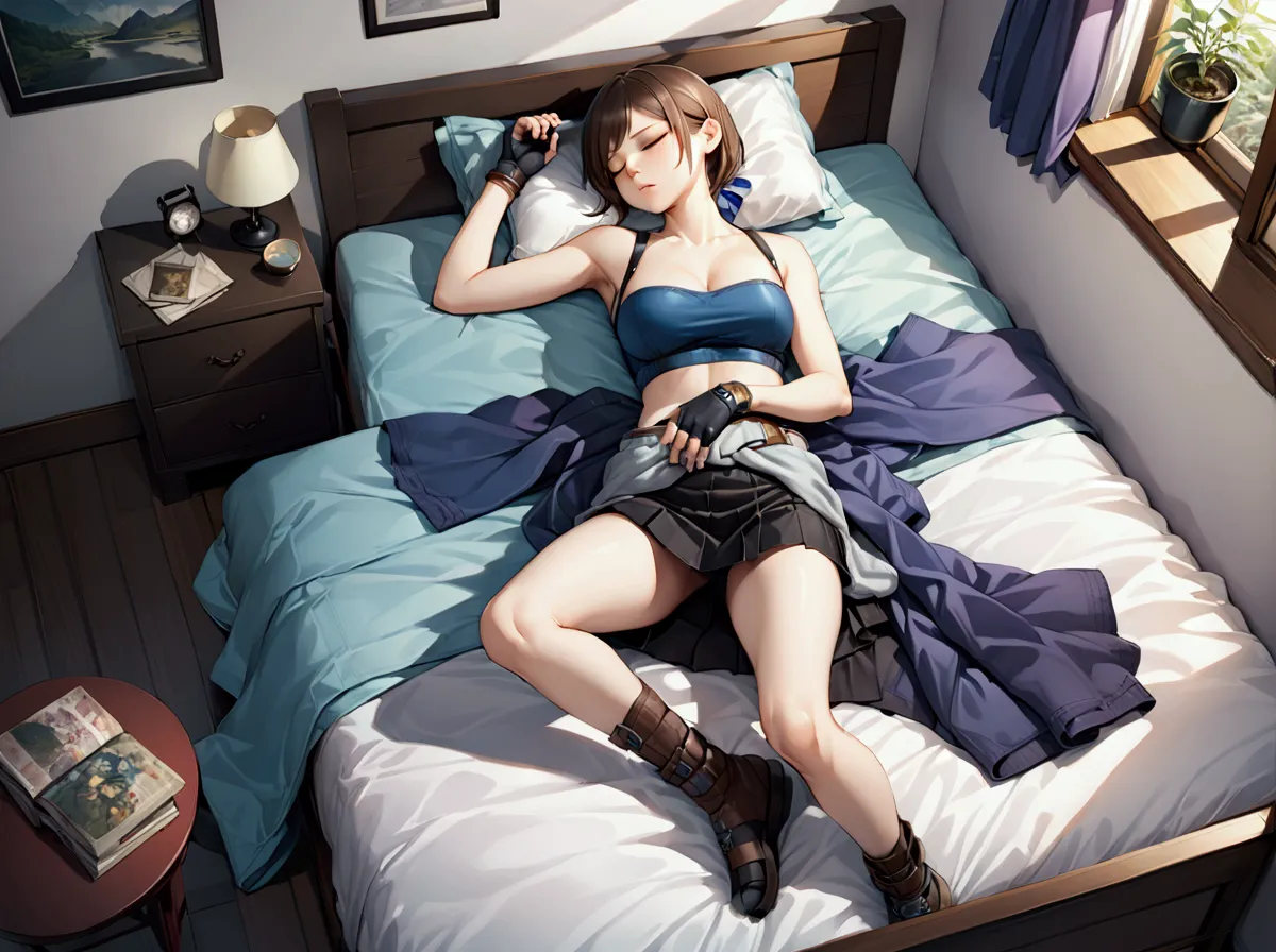 realistic anime illustration of jill valentine is sleeping on bed, closed eyes, above view, bird eyes view, she wears : {re3jill...