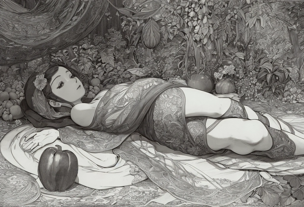 fruits and vegetables lying on the grass, fabric, leaves, art nouveau style, linear drawing, high detail, beautiful, composition without perspective, drawing, frontal view, black and white image