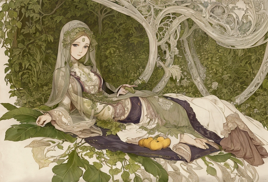 fruits and vegetables lying on the grass, fabric, leaves, art nouveau style, linear drawing, high detail, beautiful, composition without perspective, drawing, frontal view,