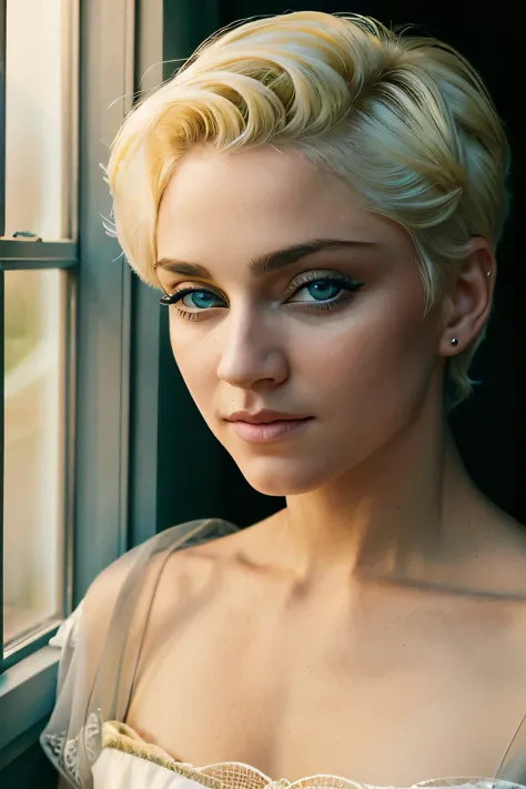 a woman with blonde short hair lies elegantly on a white bed, framed by the soft hues of light gray and light brown, in the styl...