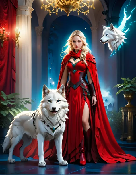 fantasy art, rpg art, ultra wide shot, raw, photorealistic, a picture of woman and her (white: 1.4) wolf pet, the woman,  an exq...