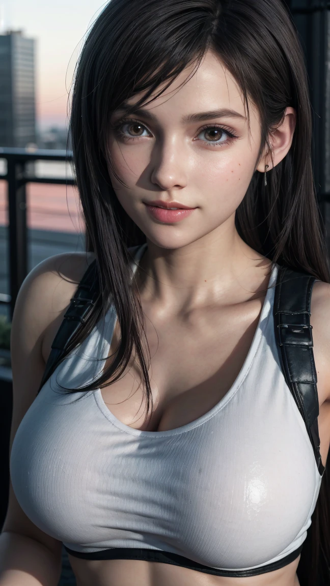 (detailed face), grin, 1girl, beautiful woman, young woman, 20yo, Very fine and delicate eyes, shiny lips, huge breasts, cleavage, Detailed and realistic skin, ((shiny oiled skin:1)), BREAK (white tank top), (black leather short pants), (tifa lockhart \(cosplay\)), outdoors, sunset, (realistic), (best quality, 8K, ultra high res, extreme detailed:1.3), masterpiece, cinematic lighting