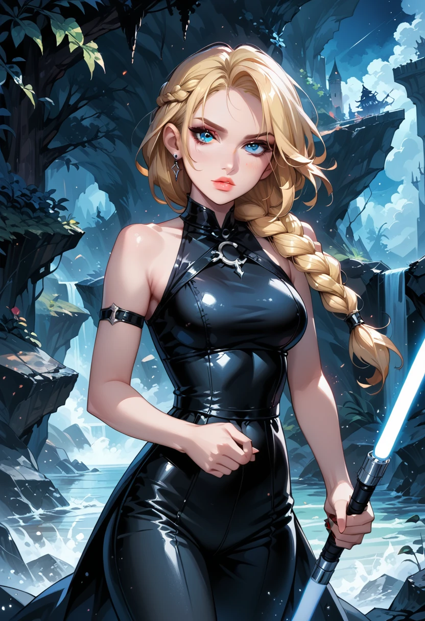 Dark Fantasy Art of score_9, score_8_up, score_7_up, rating_questionable, fantasy, lighting, epiCPhoto 1girl, solo, Sith Lord (ASTRIDHOFFERSON, blonde hair, braid, Long hair, blue eyes:1.2), (black latex top and latex pants:1.1), bare shoulders, bare arms, flirt, gaze, menacing look, half-closed eyes, head tilt, filled lips, thick lips, makeup, confident look, holding single red LightSaber, attack stance, modelling shoot, sexy pose, rocky shore setting, dark, moody, dark fantasy style, (midnight, moonless night:1.3), cowboy shot.