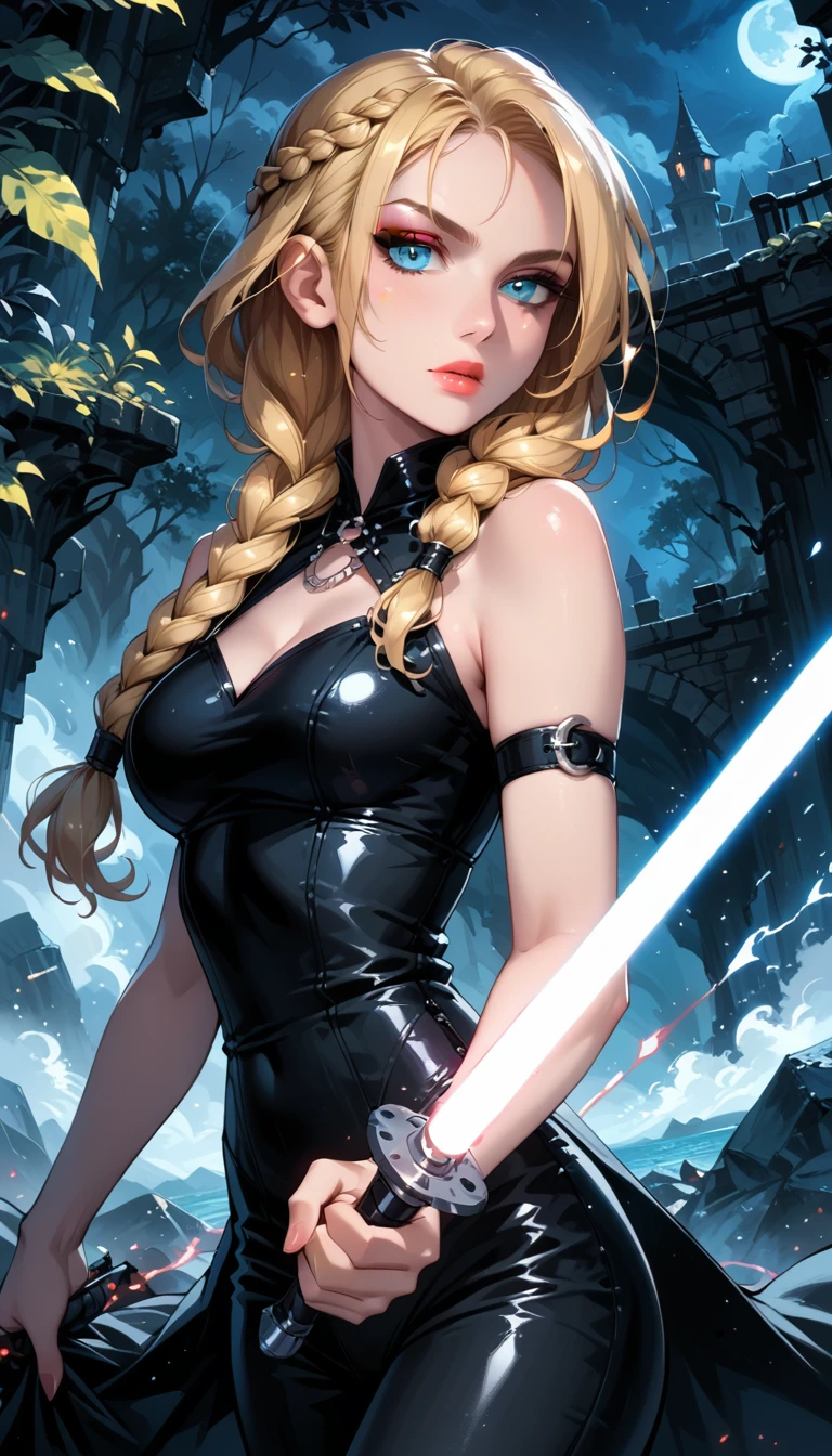 Dark Fantasy Art of score_9, score_8_up, score_7_up, rating_questionable, fantasy, lighting, epiCPhoto 1girl, solo, Sith Lord (ASTRIDHOFFERSON, blonde hair, braid, Long hair, blue eyes:1.2), (black latex top and latex pants:1.1), bare shoulders, bare arms, flirt, gaze, menacing look, half-closed eyes, head tilt, filled lips, thick lips, makeup, confident look, holding single red LightSaber, attack stance, modelling shoot, sexy pose, rocky shore setting, dark, moody, dark fantasy style, (midnight, moonless night:1.3), cowboy shot.